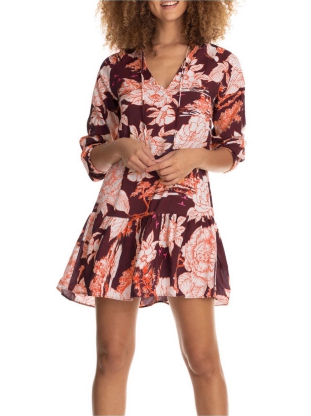 Maaji Wonderland Dreams Tunic Cover-Up, floral print, ruffled hem, size L